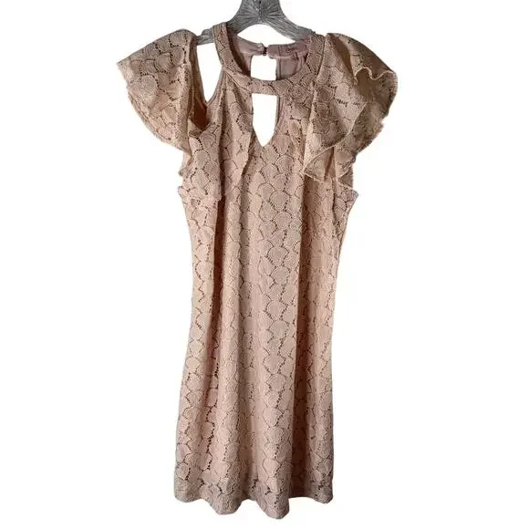 Candies Heart Lace Light Pink Cold Shoulder Peak a Boo Sleeve Dress Sz Small - Picture 2 of 8